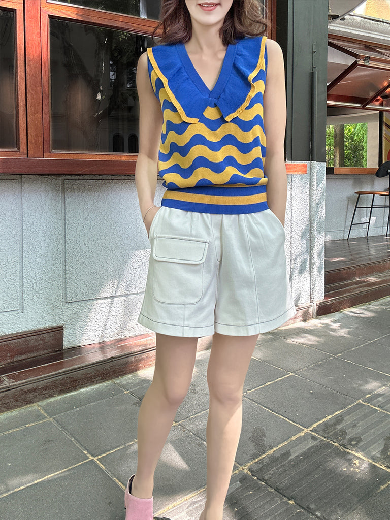 Surprise Sale! Blue/ Yellow Contrast Wavey Ruffle Collar Summer Knit Top
