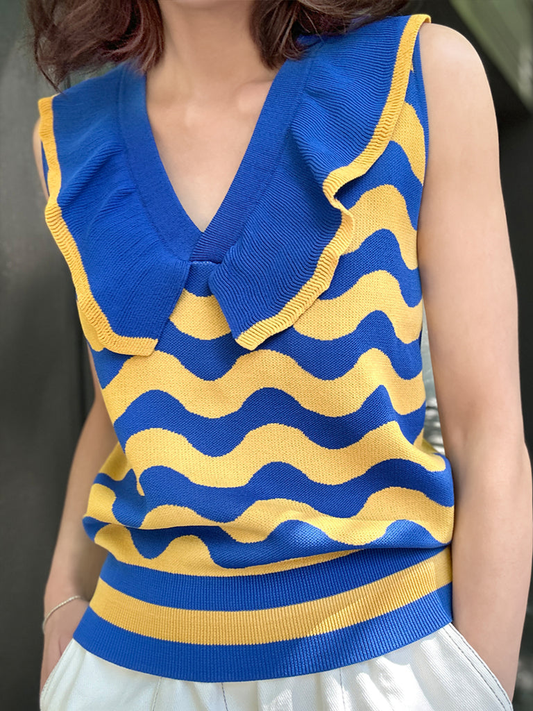 Surprise Sale! Blue/ Yellow Contrast Wavey Ruffle Collar Summer Knit Top