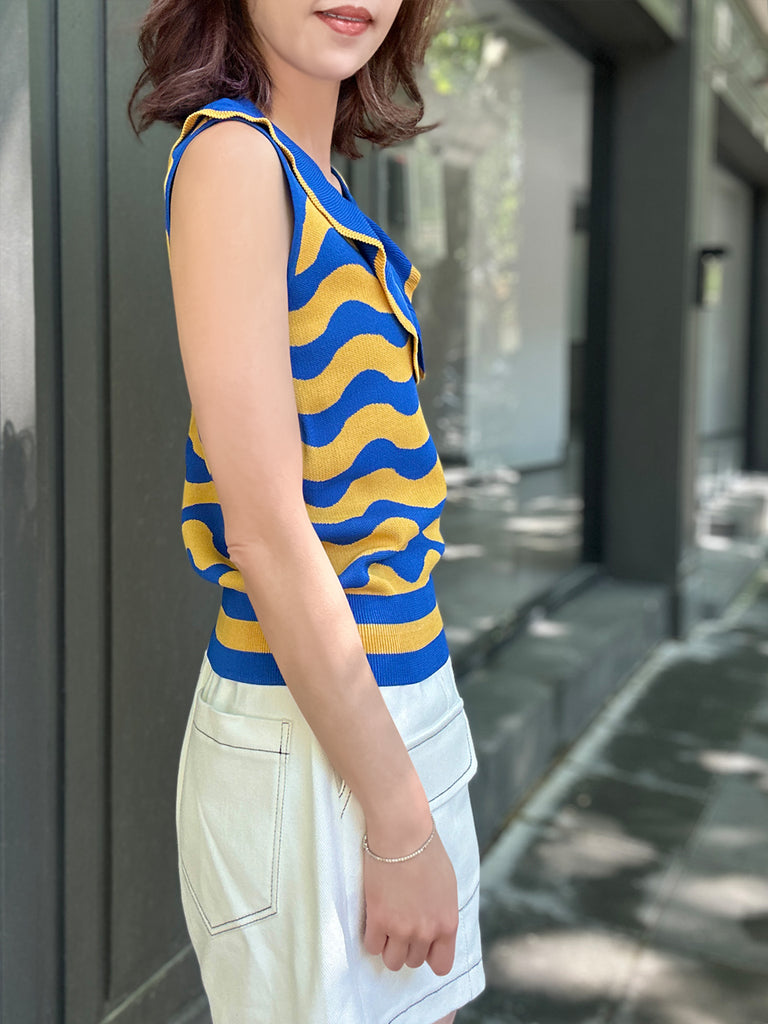 Surprise Sale! Blue/ Yellow Contrast Wavey Ruffle Collar Summer Knit Top