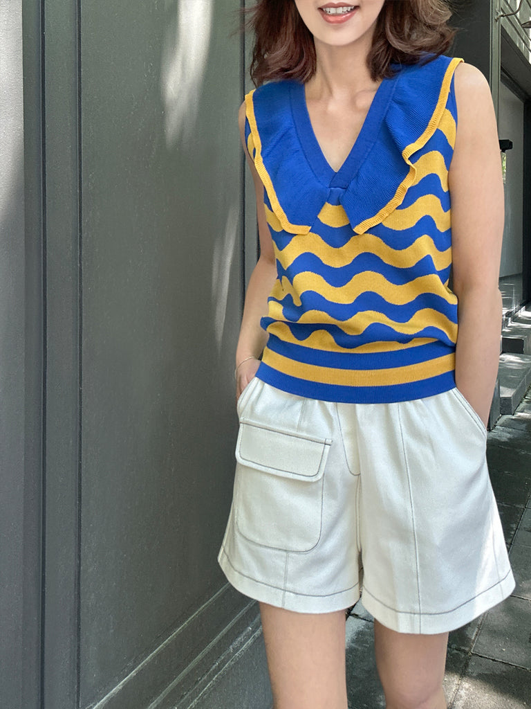 Surprise Sale! Blue/ Yellow Contrast Wavey Ruffle Collar Summer Knit Top
