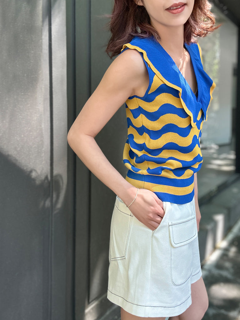Surprise Sale! Blue/ Yellow Contrast Wavey Ruffle Collar Summer Knit Top