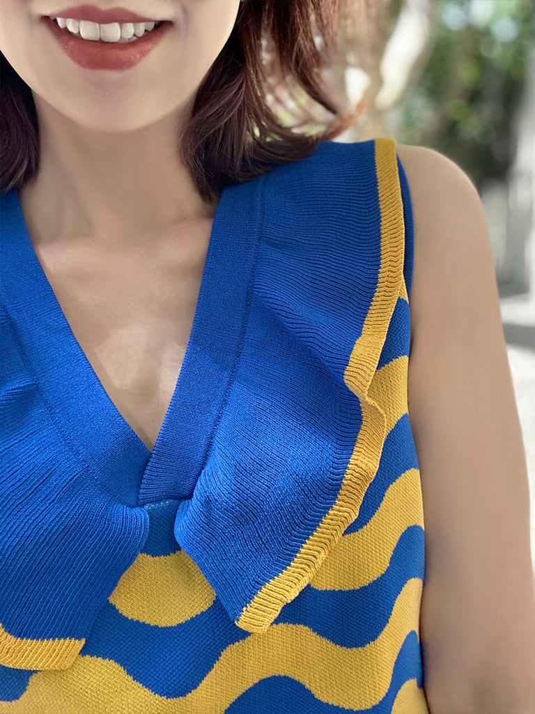 Surprise Sale! Blue/ Yellow Contrast Wavey Ruffle Collar Summer Knit Top