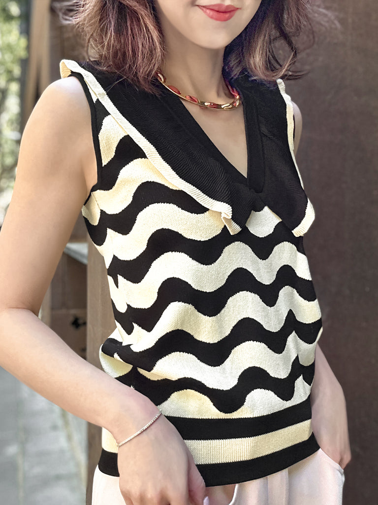 黑色/象牙色撞色波浪荷葉邊領夏季針織上衣