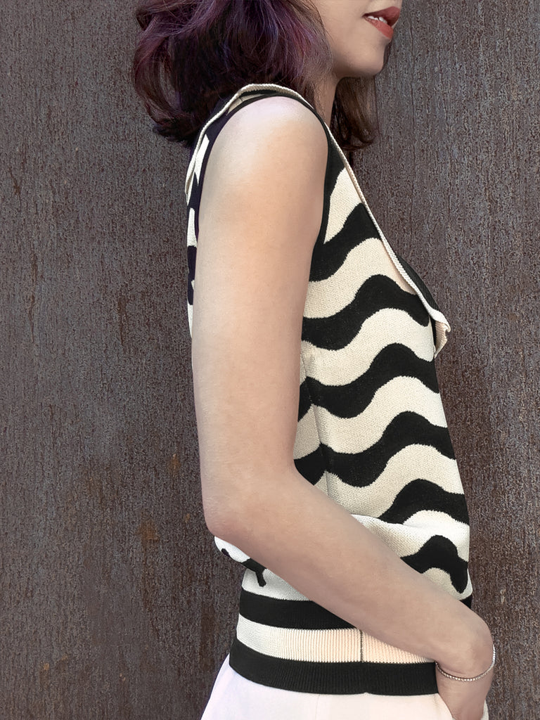 黑色/象牙色撞色波浪荷葉邊領夏季針織上衣