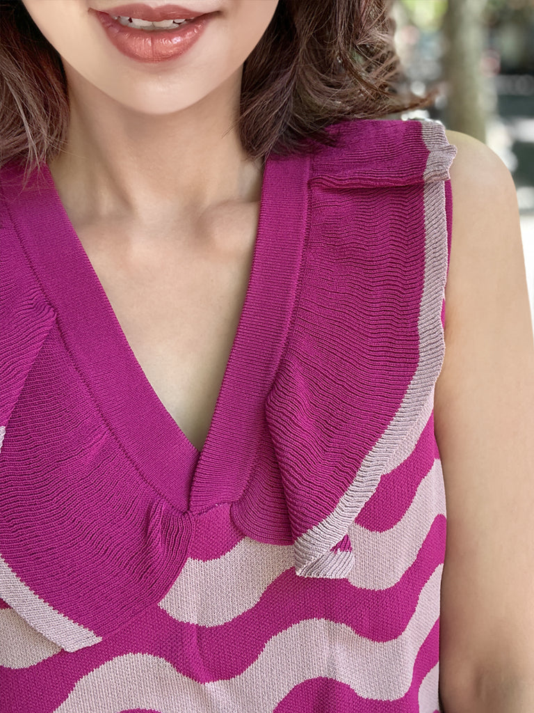 粉紅色撞色波浪荷葉邊領夏季針織上衣