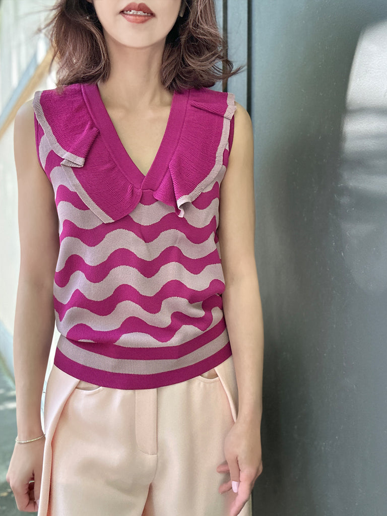 粉紅色撞色波浪荷葉邊領夏季針織上衣