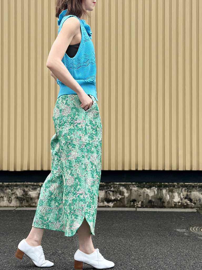 灰藍色荷葉邊領圖案縫紐扣前背心