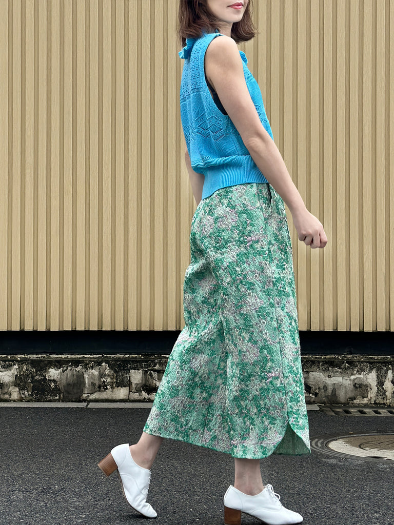 灰藍色荷葉邊領圖案縫紐扣前背心