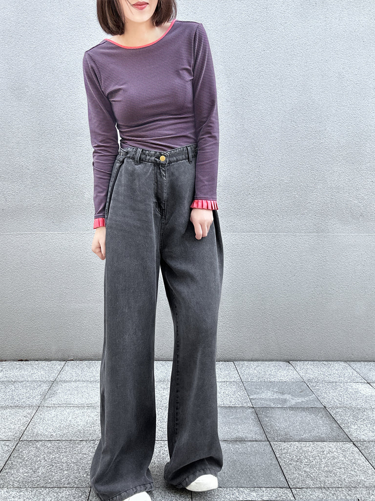 Dark Grey Foldover Waist Soft Washed Wide Leg Jeans