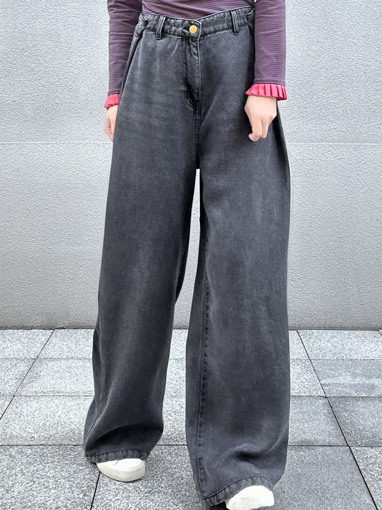 Dark Grey Foldover Waist Soft Washed Wide Leg Jeans