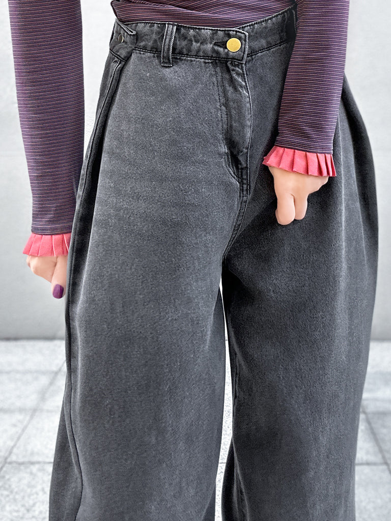 Dark Grey Foldover Waist Soft Washed Wide Leg Jeans