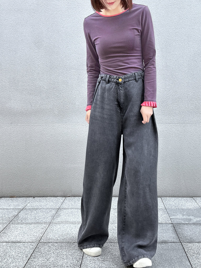 Dark Grey Foldover Waist Soft Washed Wide Leg Jeans