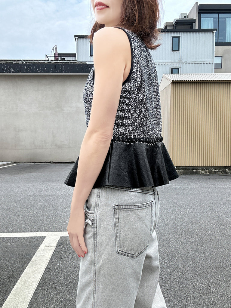 Final Sale! Monochrome Round Neck Faux Leather Peplum Sleeveless Top