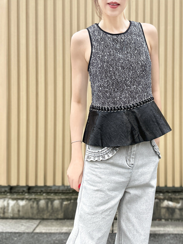 Final Sale! Monochrome Round Neck Faux Leather Peplum Sleeveless Top
