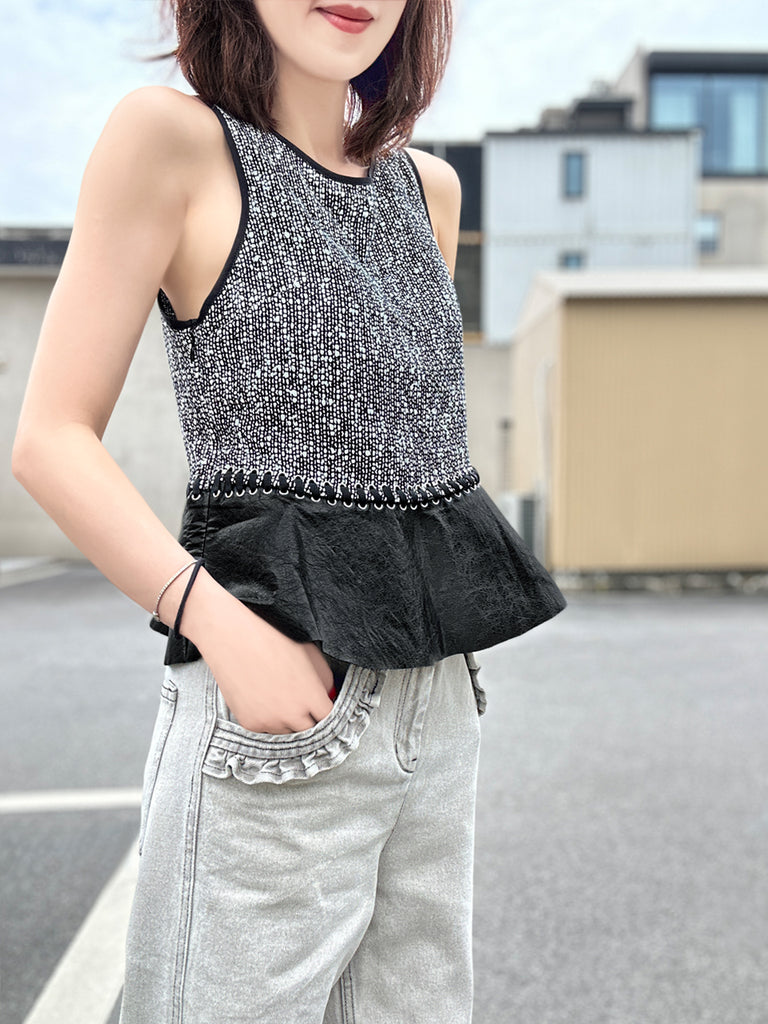 Final Sale! Monochrome Round Neck Faux Leather Peplum Sleeveless Top