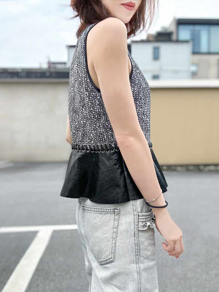 Final Sale! Monochrome Round Neck Faux Leather Peplum Sleeveless Top