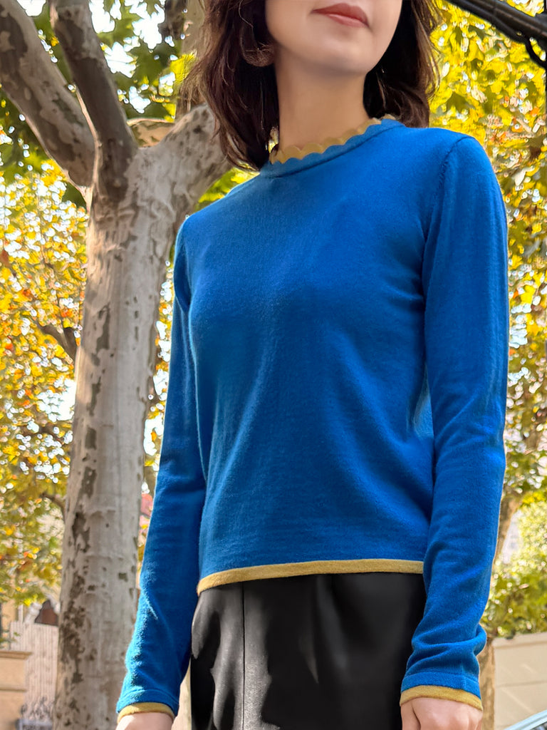 Blue/ Yellow Scalloped Double Collar Cashmere Woollen Jumper