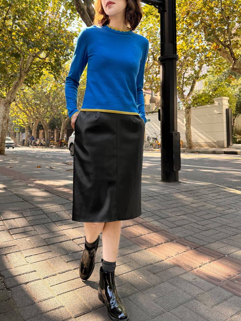 Blue/ Yellow Scalloped Double Collar Cashmere Woollen Jumper