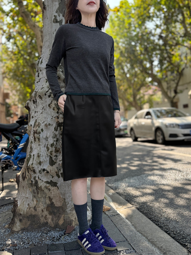 Charcoal/ Green Scalloped Double Collar Cashmere Woollen Jumper