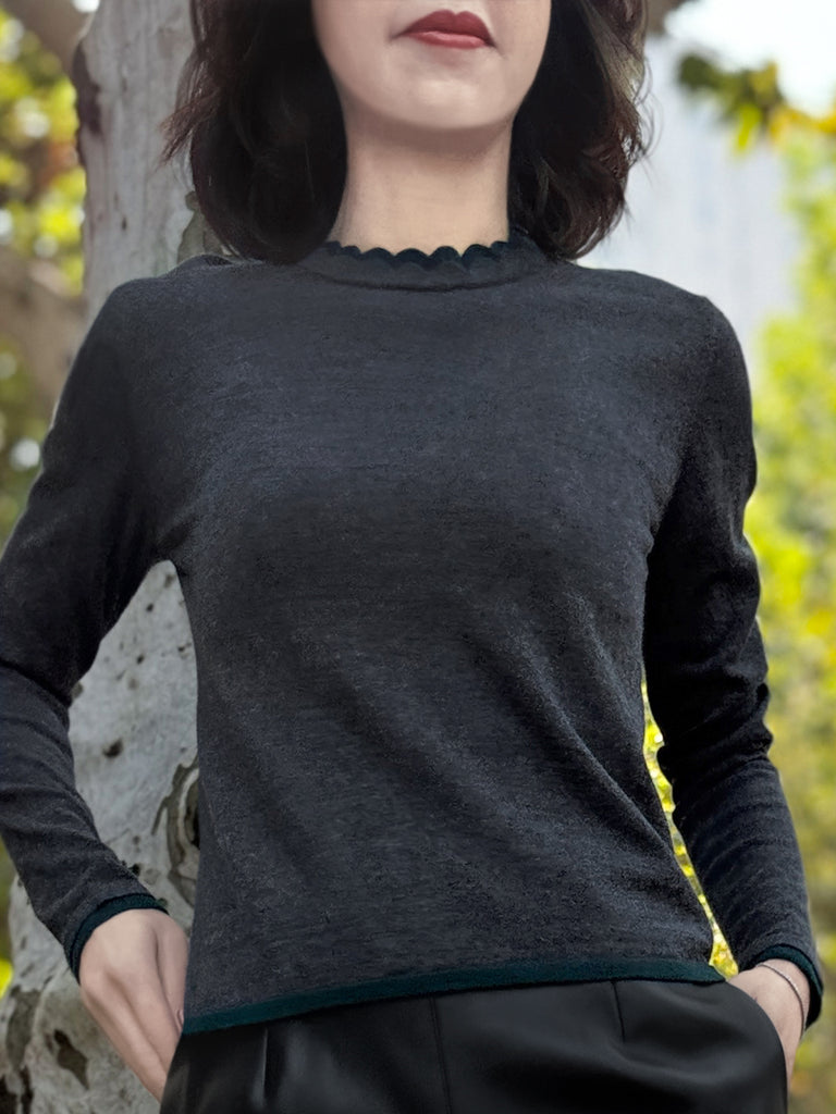 Charcoal/ Green Scalloped Double Collar Cashmere Woollen Jumper