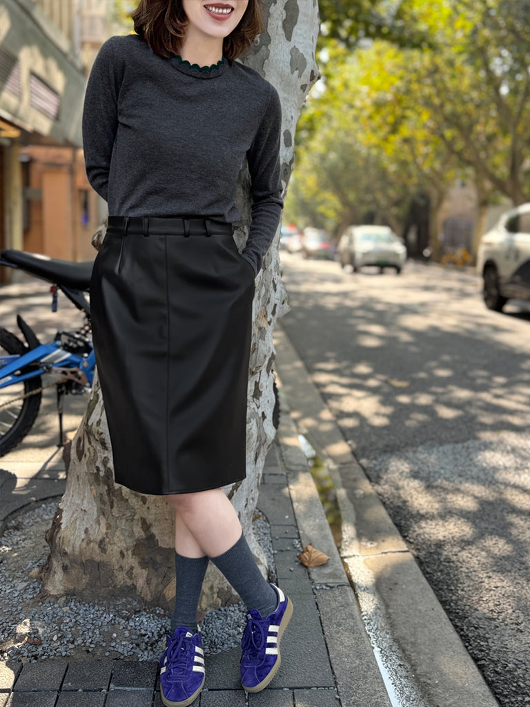 Charcoal/ Green Scalloped Double Collar Cashmere Woollen Jumper