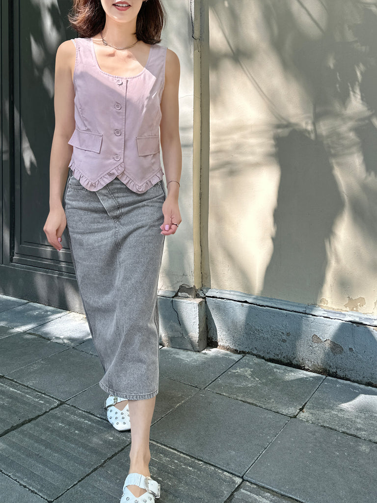 Faded Grey Asymmetrical Waist A-lined Panelled Skirt