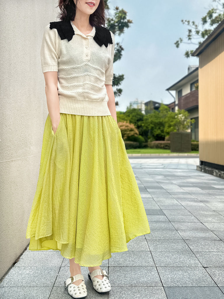 Surprise Sale! Ivory Linen-Blend Contrast Collar Short-sleeves Knit Top