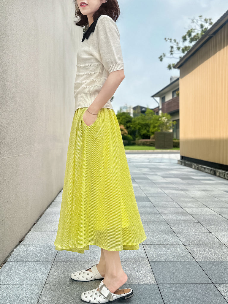 Surprise Sale! Ivory Linen-Blend Contrast Collar Short-sleeves Knit Top