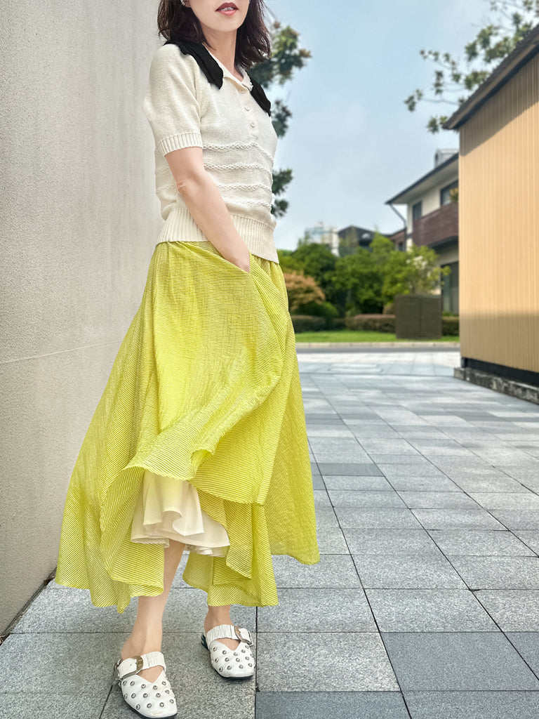 Surprise Sale! Ivory Linen-Blend Contrast Collar Short-sleeves Knit Top