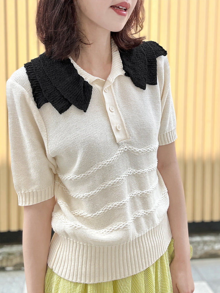 Surprise Sale! Ivory Linen-Blend Contrast Collar Short-sleeves Knit Top