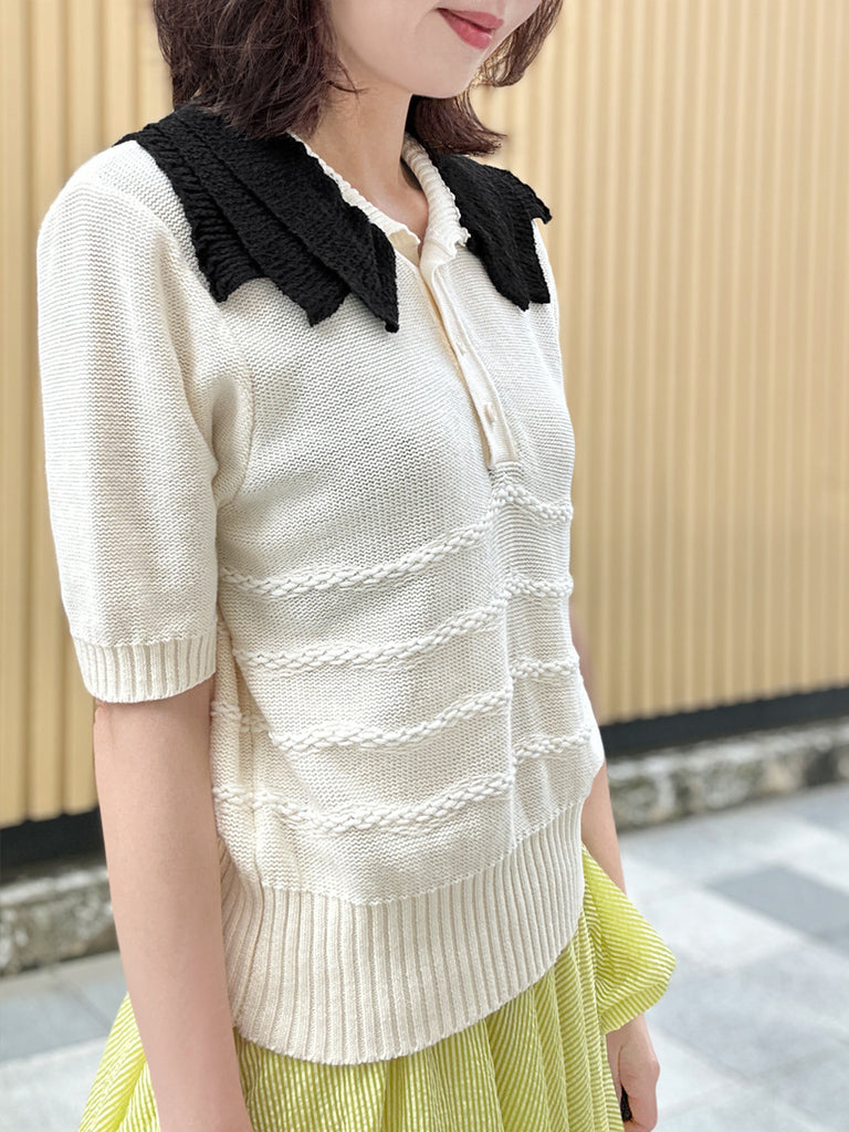 Surprise Sale! Ivory Linen-Blend Contrast Collar Short-sleeves Knit Top