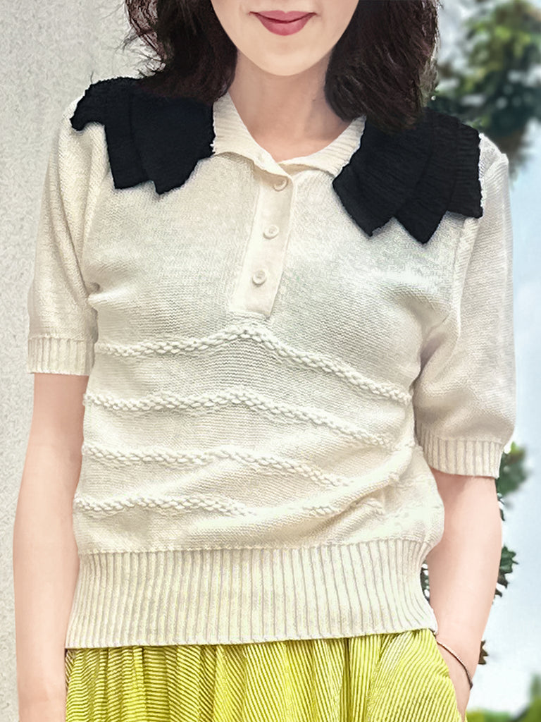Surprise Sale! Ivory Linen-Blend Contrast Collar Short-sleeves Knit Top