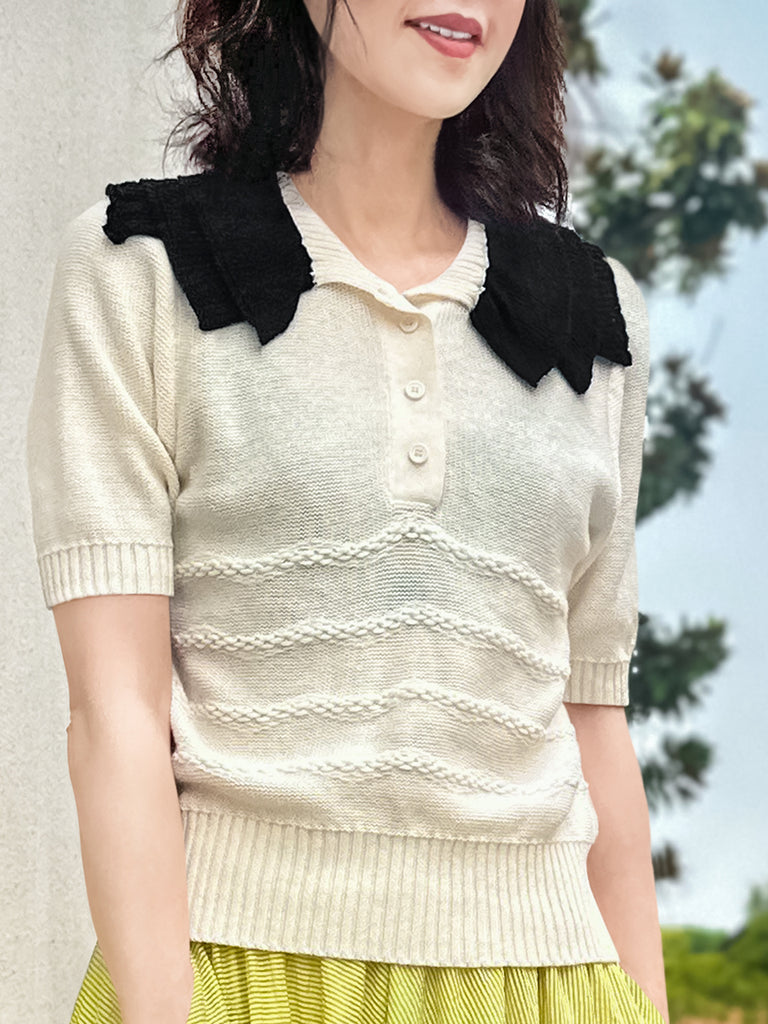 Surprise Sale! Ivory Linen-Blend Contrast Collar Short-sleeves Knit Top