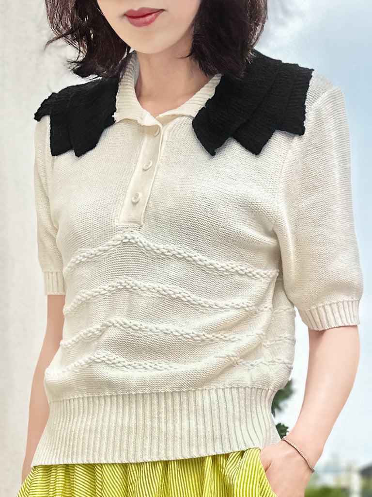 Surprise Sale! Ivory Linen-Blend Contrast Collar Short-sleeves Knit Top