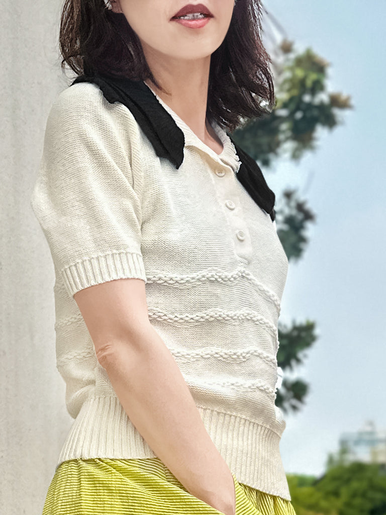 Surprise Sale! Ivory Linen-Blend Contrast Collar Short-sleeves Knit Top