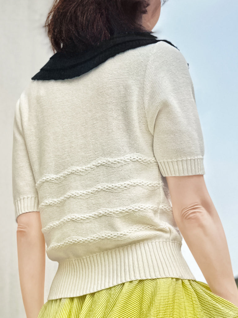 Surprise Sale! Ivory Linen-Blend Contrast Collar Short-sleeves Knit Top