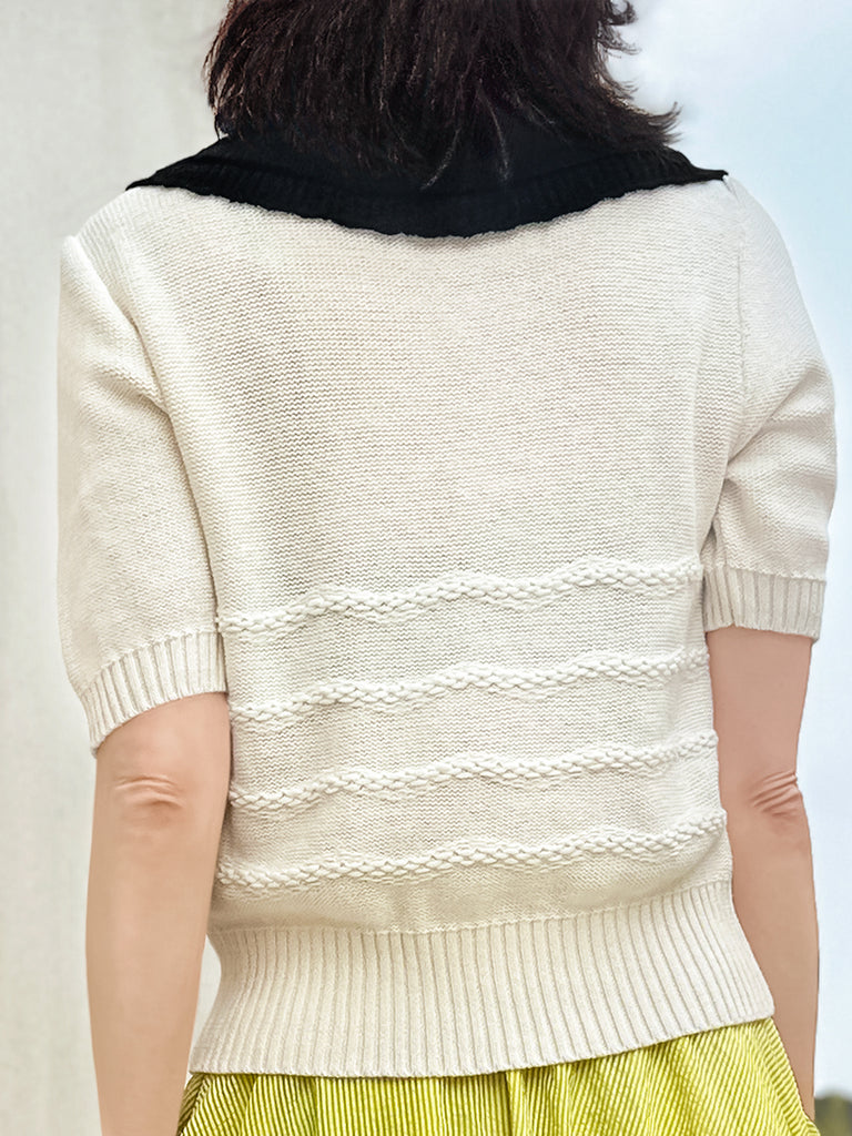 Surprise Sale! Ivory Linen-Blend Contrast Collar Short-sleeves Knit Top