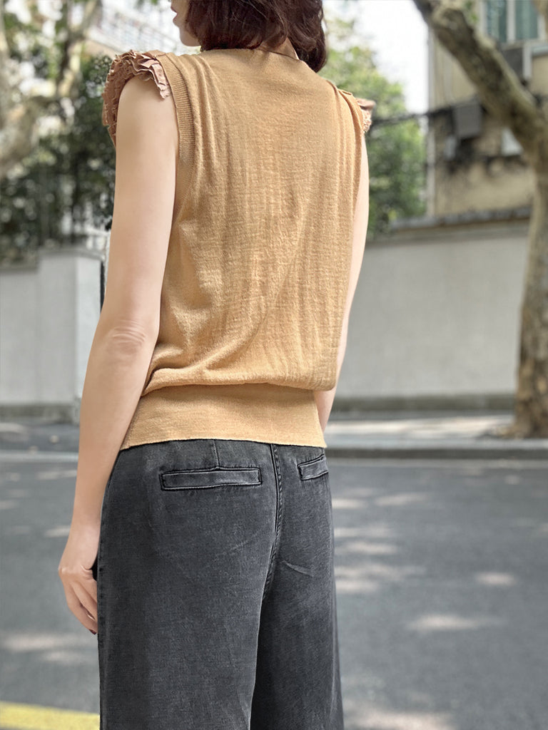 Surprise Sale! Camel Layered Ruffle Collared Cashmere Knit Top