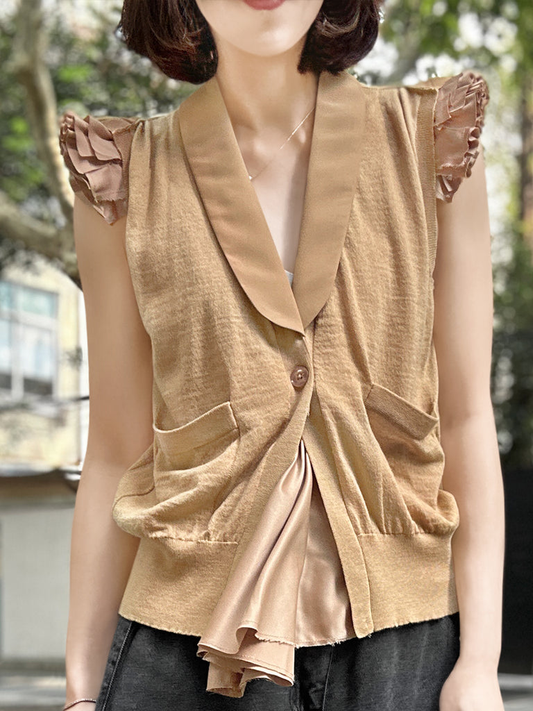 Surprise Sale! Camel Layered Ruffle Collared Cashmere Knit Top