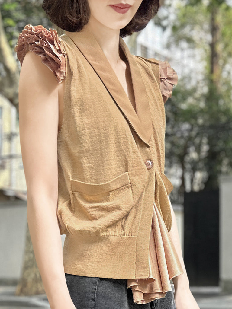 Surprise Sale! Camel Layered Ruffle Collared Cashmere Knit Top