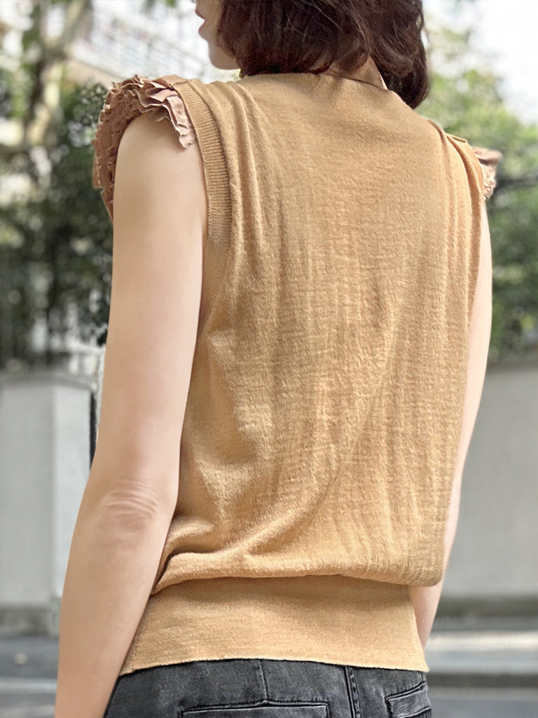 Surprise Sale! Camel Layered Ruffle Collared Cashmere Knit Top