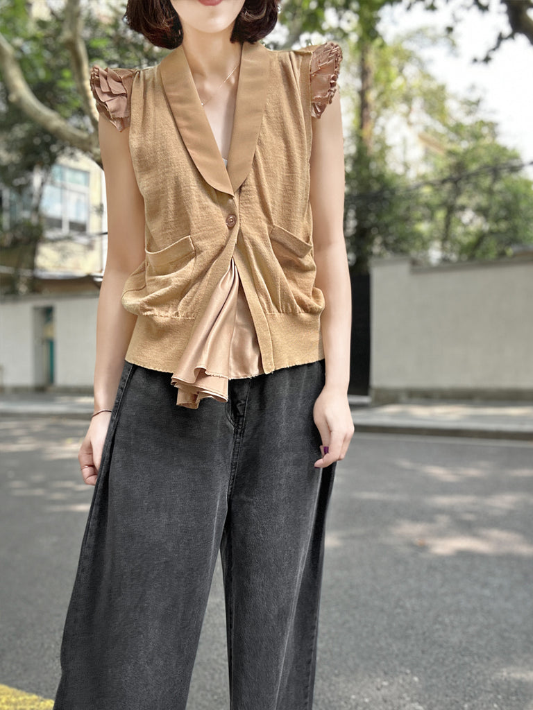 Surprise Sale! Camel Layered Ruffle Collared Cashmere Knit Top