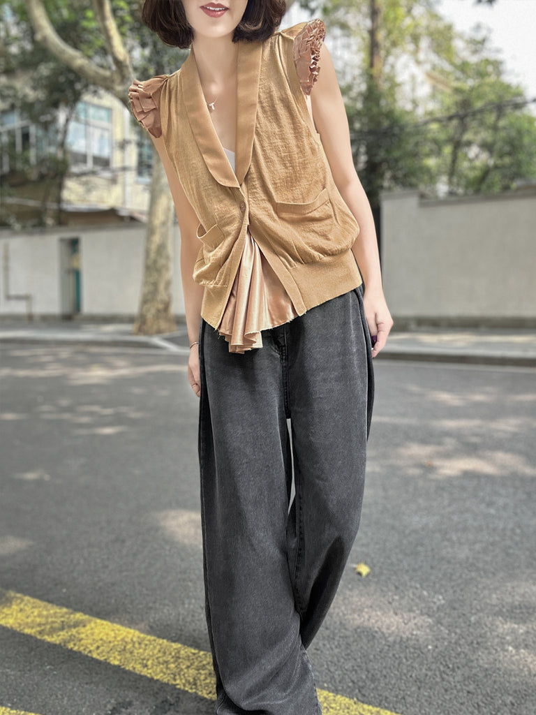 Surprise Sale! Camel Layered Ruffle Collared Cashmere Knit Top