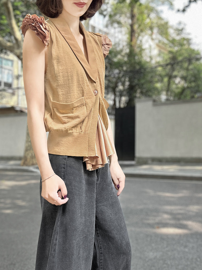 Surprise Sale! Camel Layered Ruffle Collared Cashmere Knit Top