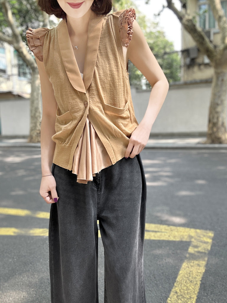 Surprise Sale! Camel Layered Ruffle Collared Cashmere Knit Top