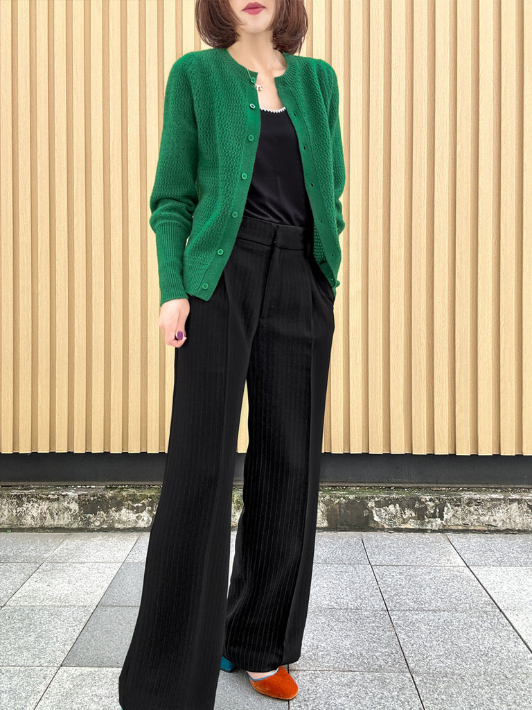 Jade Green Pointelle Stitches Cashmere Wool Blend Cardigan