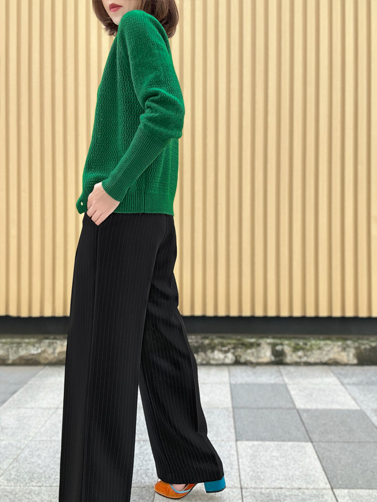 Jade Green Pointelle Stitches Cashmere Wool Blend Cardigan