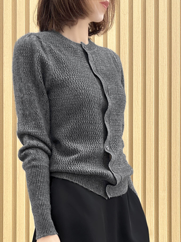 Charcoal Grey Pointelle Stitches Cashmere Wool Blend Cardigan