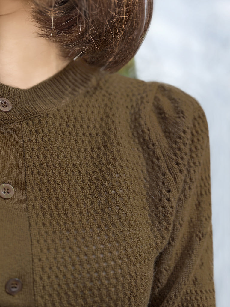 Khaki Brown Pointelle Stitches Cashmere Wool Blend Cardigan