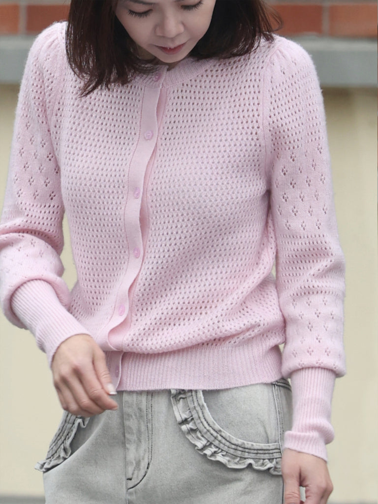 Soft Pink Pointelle Stitches Cashmere Wool Blend Cardigan